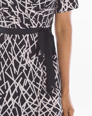 Faux Wrap Dress Abstract Lines Black