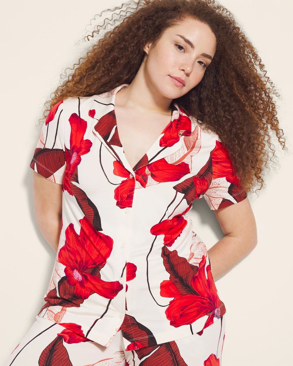 Short Sleeve Notch Collar Pajama Top