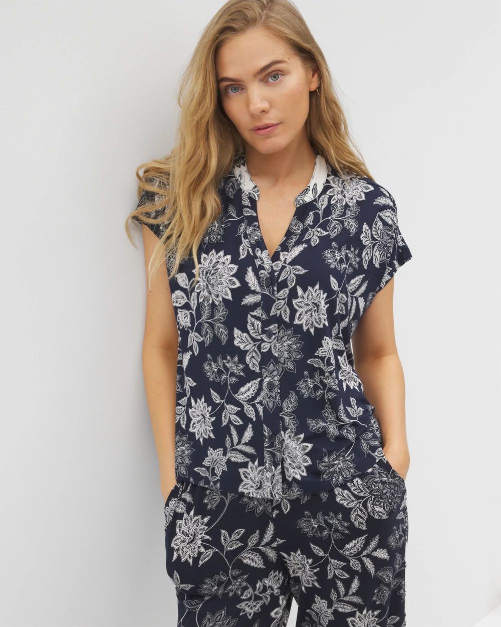 Cool Nights Mandarin Collar Short Sleeve Pajama Top
