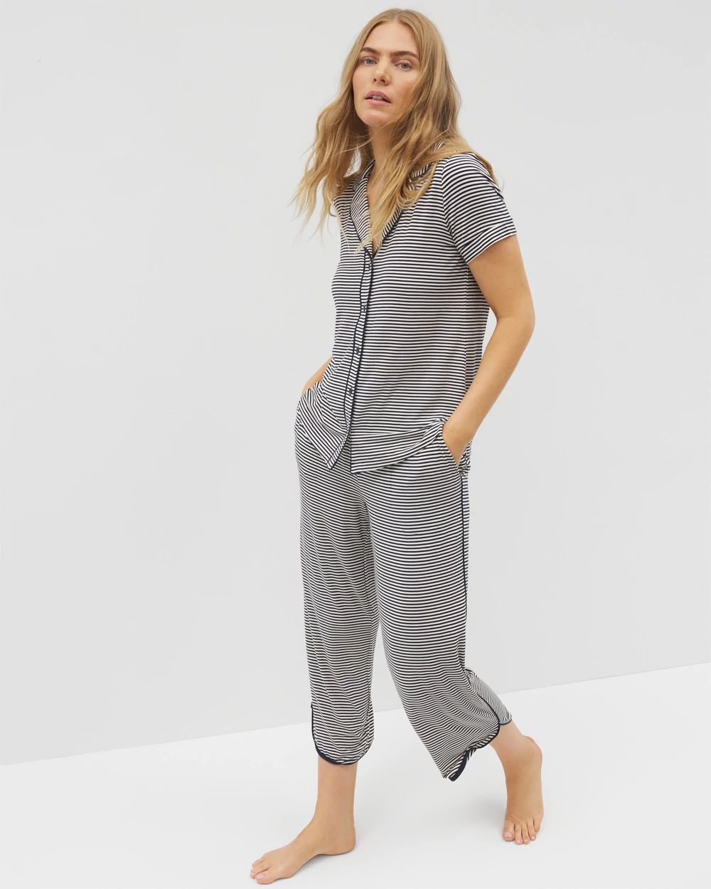 Cool Nights Piped Short Sleeve Notch Collar Pajama Top