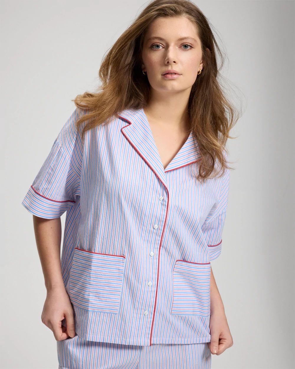 Cotton Poplin Relaxed Short-Sleeve Noch Collar Pajama Top