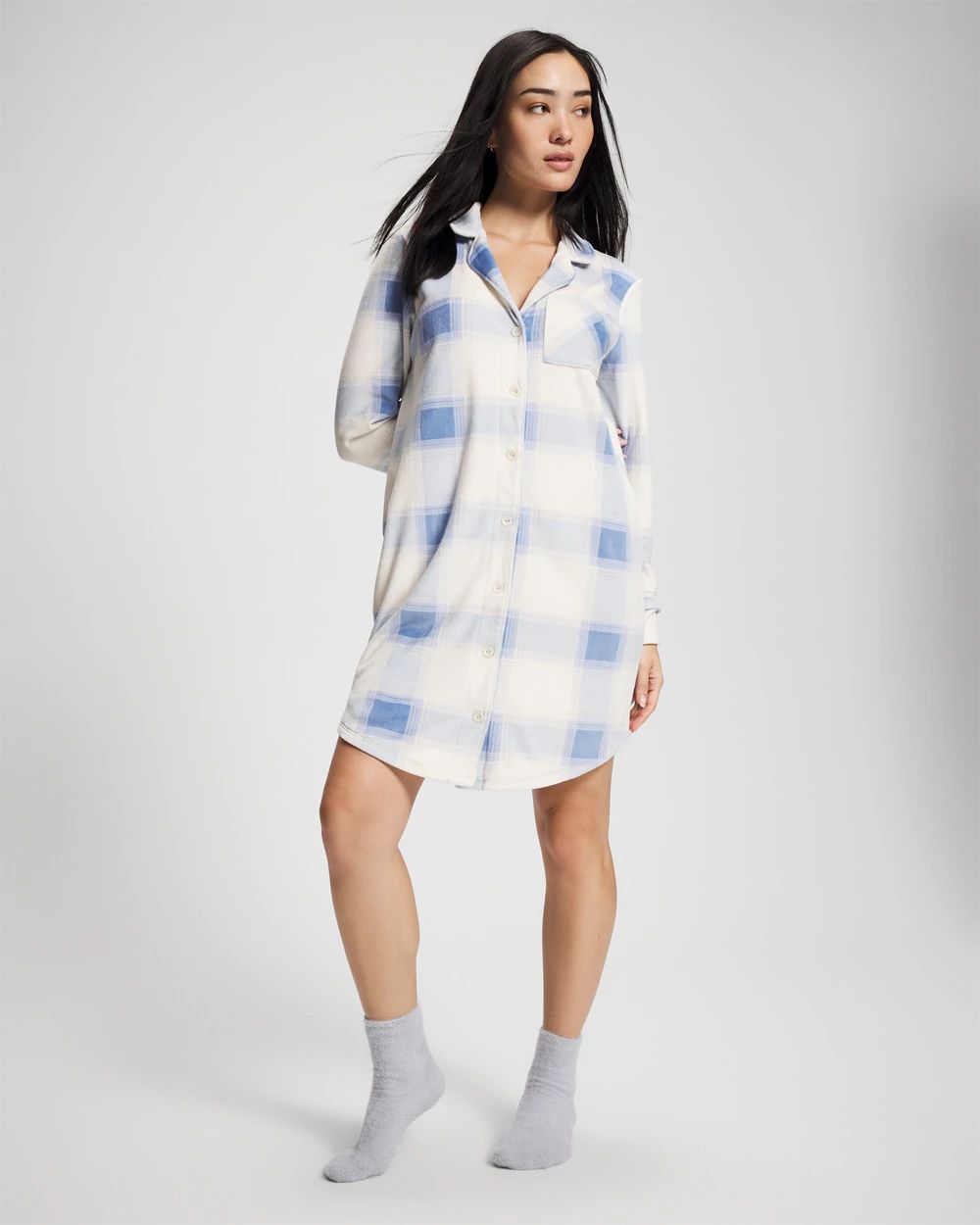 Microfleece Long-Sleeve Notch Collar Sleepshirt