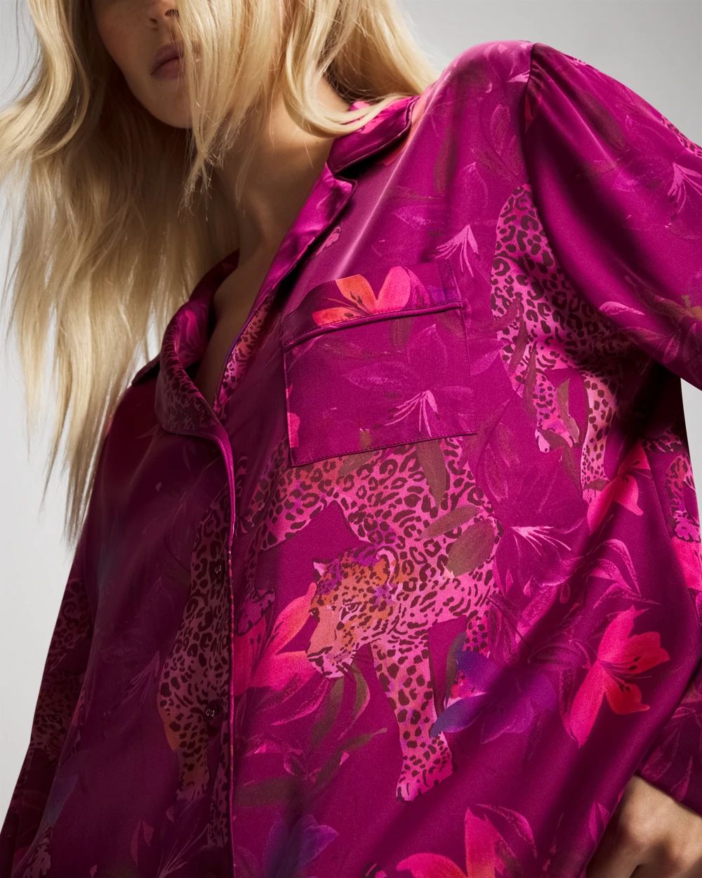 Satin Long Sleeve Notch Collar Pajama Top