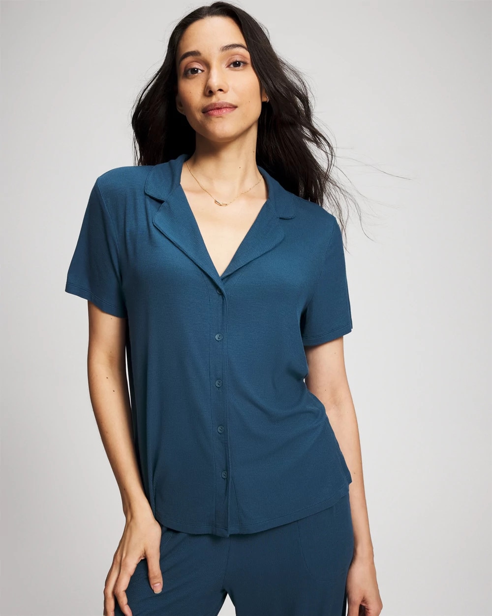 Rib Short Sleeve Notch Collar Pajama Top