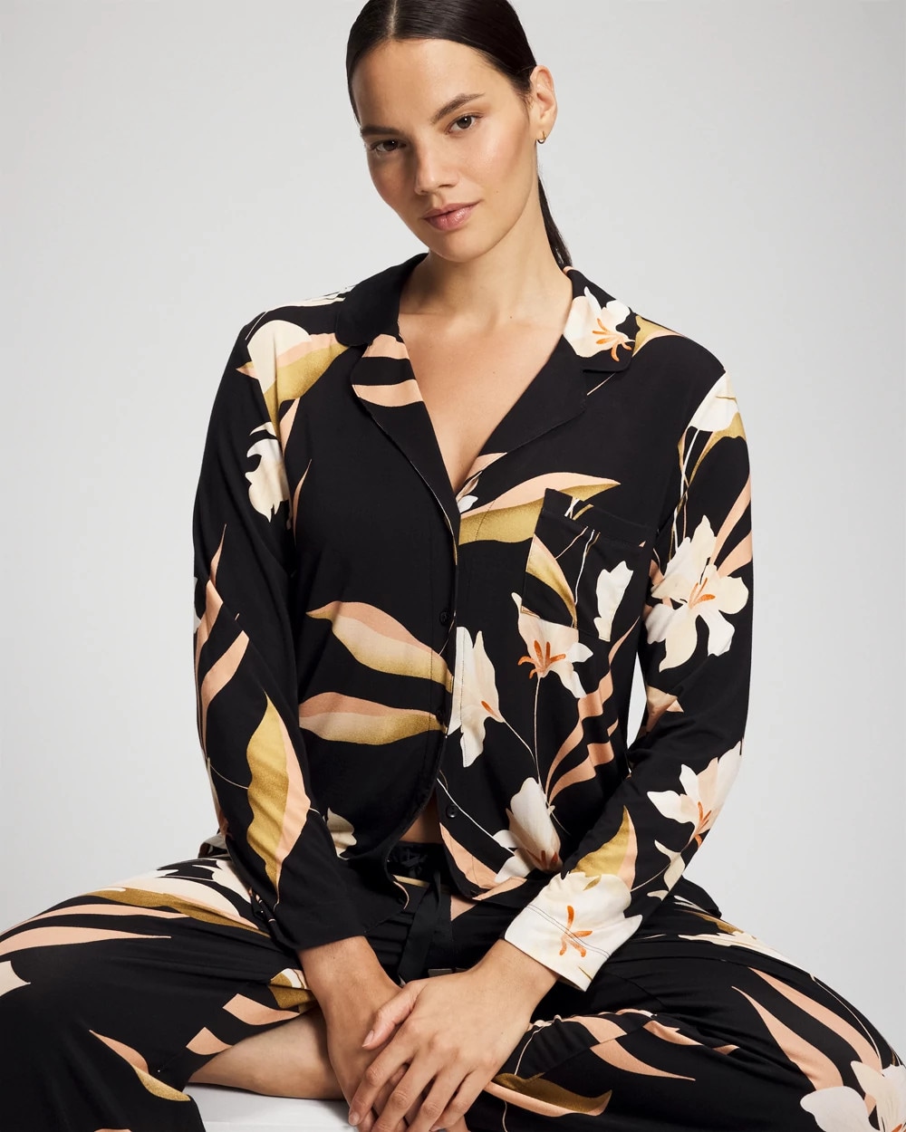 Long-Sleeve Notch Collar Pajama Top