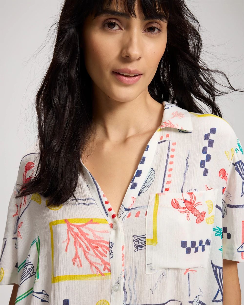 Rayon Crepe Relaxed Collared Swim Coverup Shirt click to view larger image.