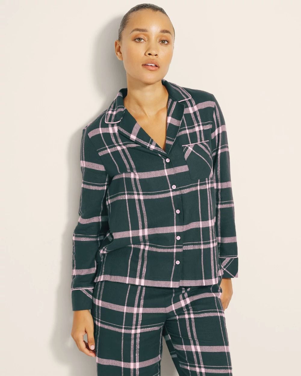 Flannel Super Soft Long-Sleeve Notch Collar Pajama Top