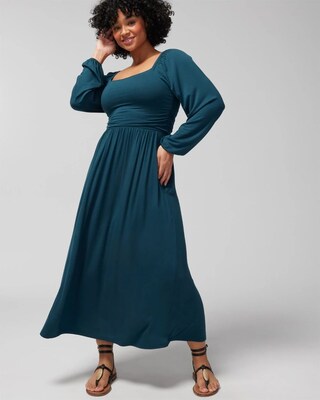 Ruched Long-Sleeve Midi Dress