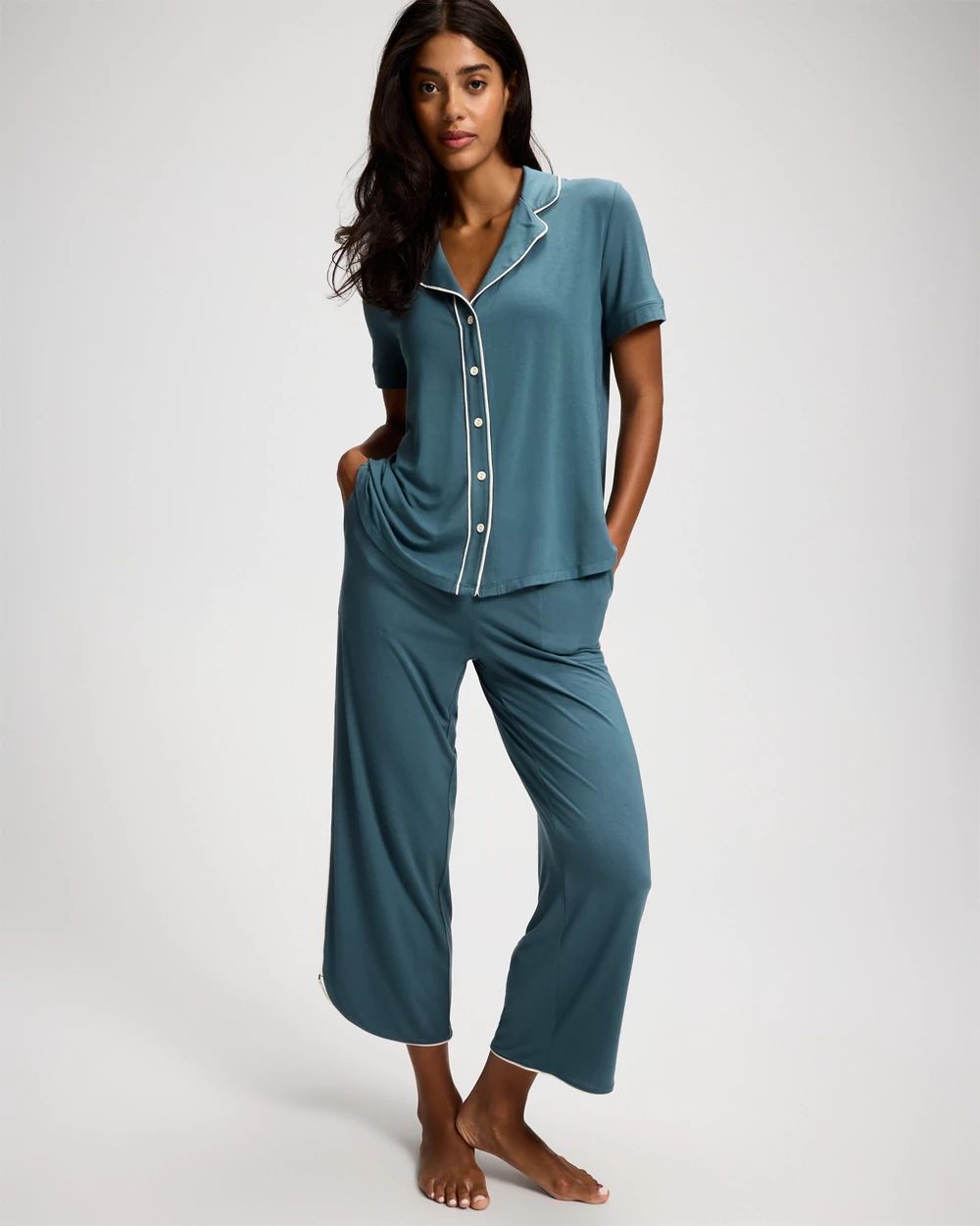 Cool Nights Piped Short Sleeve Notch Collar Pajama Top