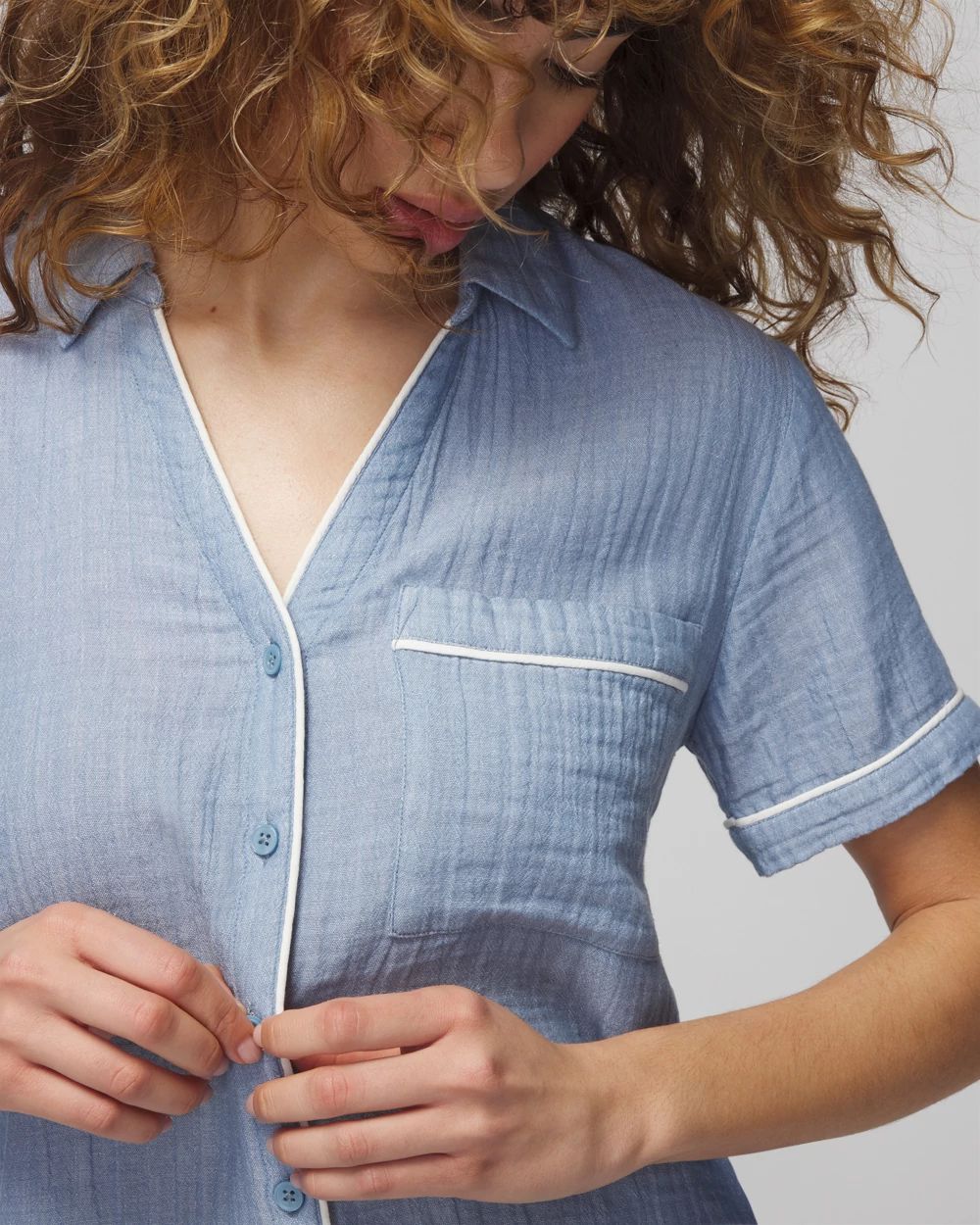 Cotton Gauze Short-Sleeve Notch Collar Pajama Top