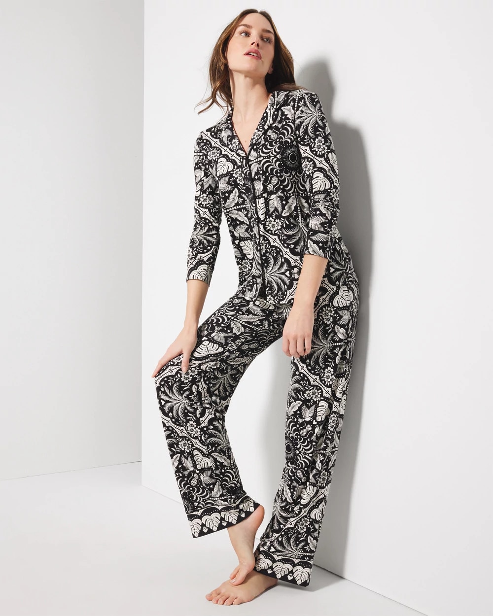 Long-Sleeve Printed Notch Collar Pajama Top