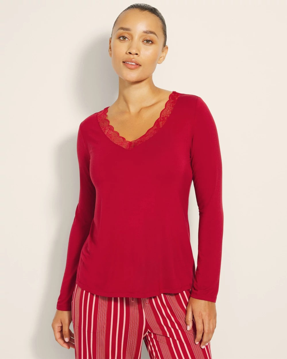 Lace Trim Long-Sleeve Pajama Top