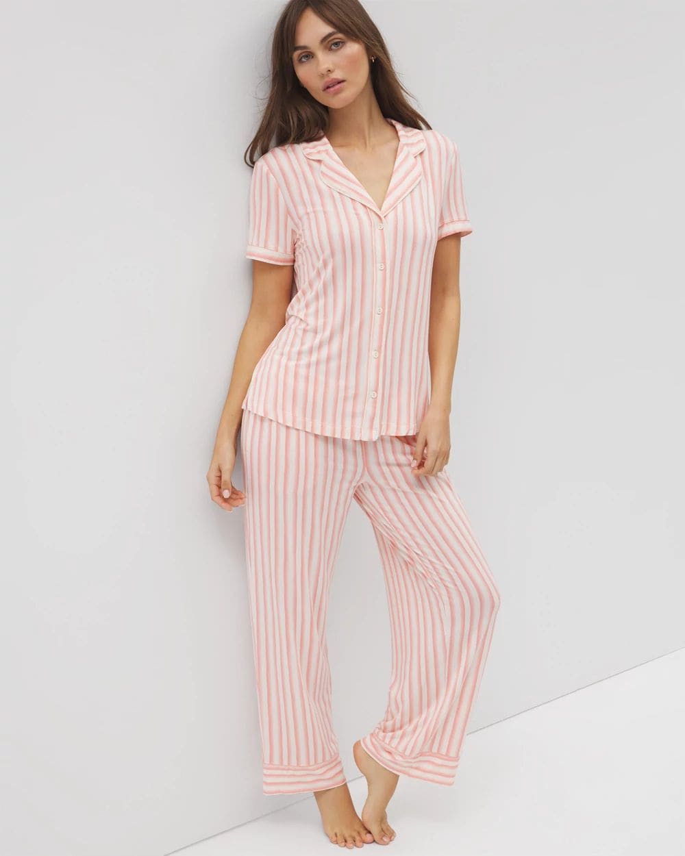 Cool Nights Piped Short Sleeve Notch Collar Pajama Top