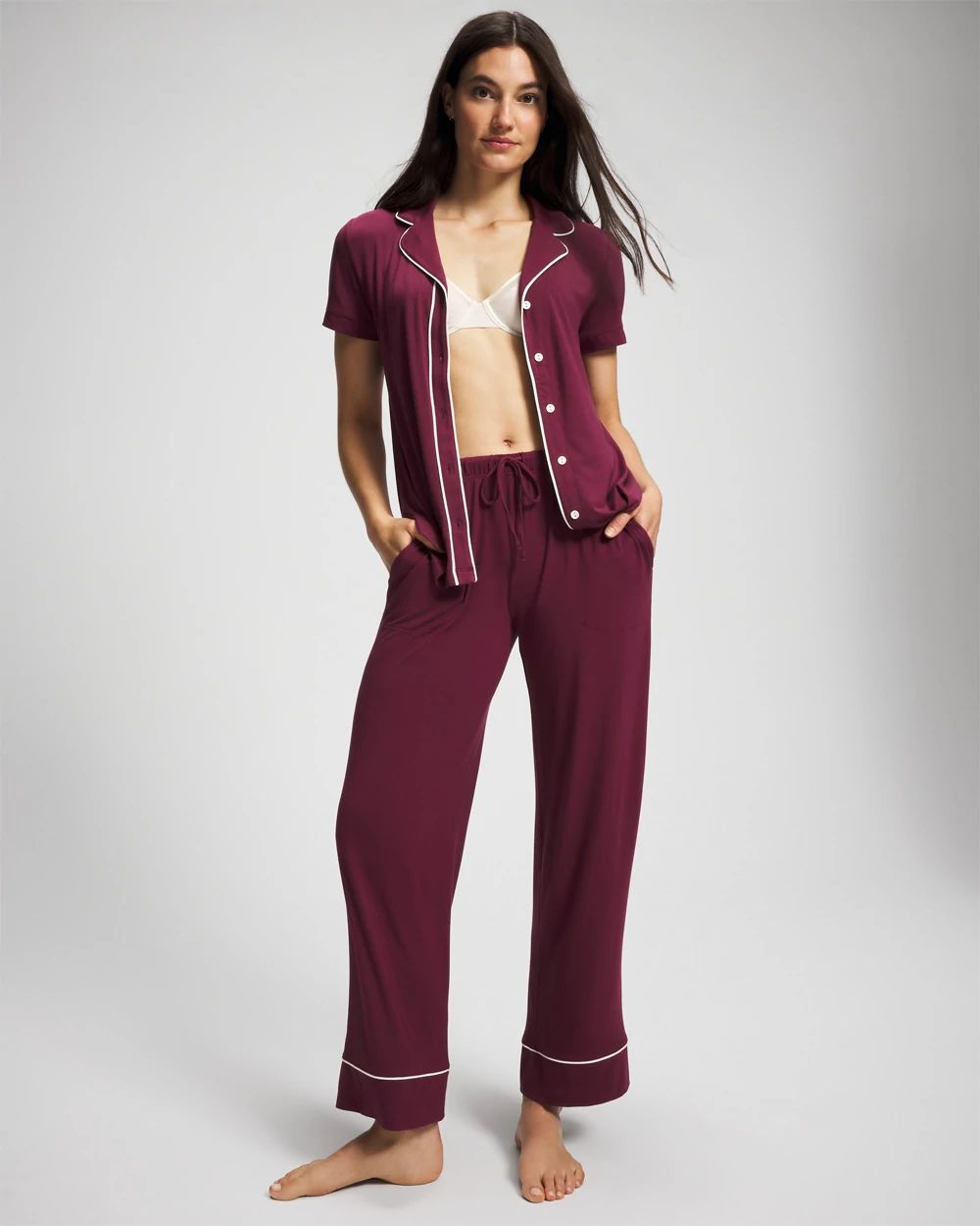 Solid Short Sleeve Notch Collar Pajama Top click to view larger image.