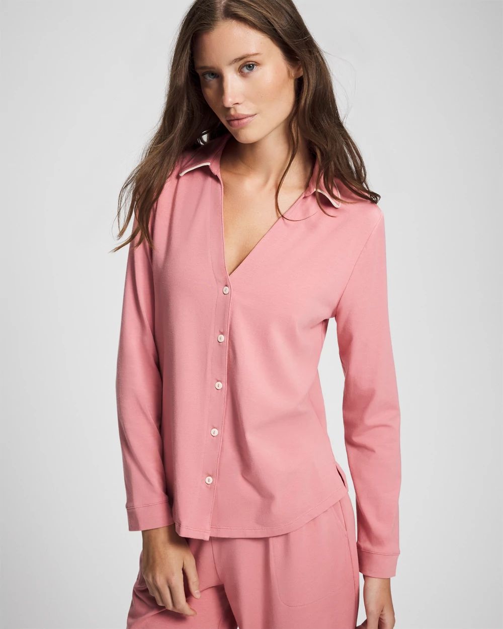 Long-Sleeve Notch Collar Pajama Top