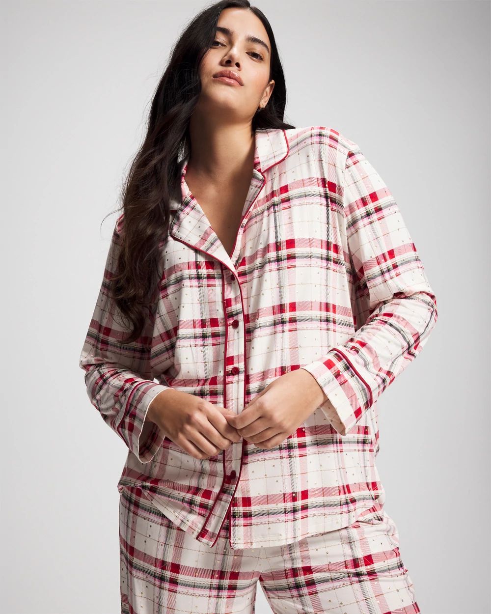 Cool Nights Long Sleeve Notch Collar with Piped Placket Pajama Top
