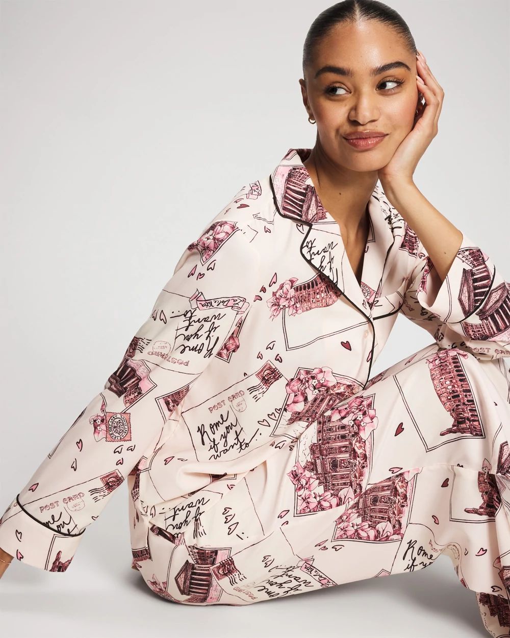 Satin Long Sleeve Notch Collar Pajama Top