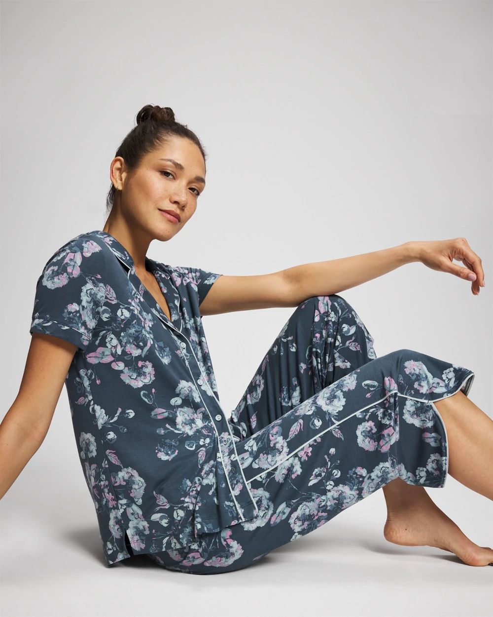 Cool Nights Piped Short Sleeve Notch Collar Pajama Top