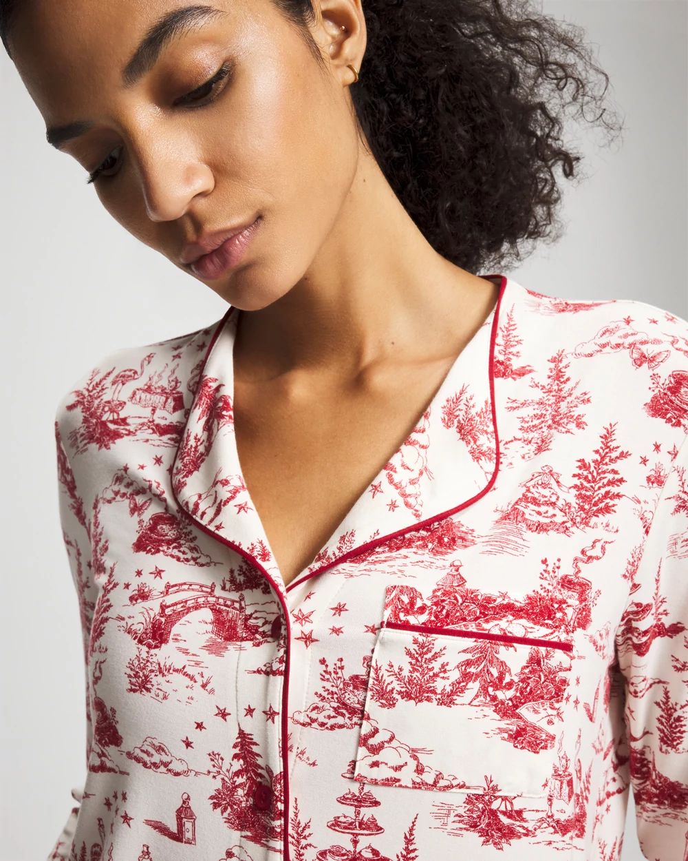 Piped Long-Sleeve Notch Pajama Top click to view larger image.