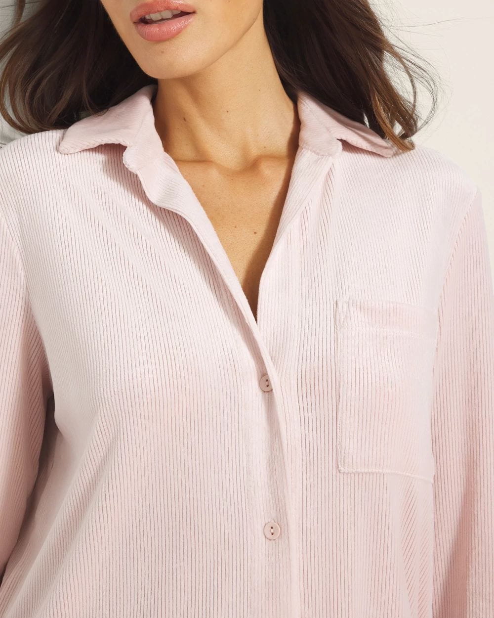 Velvety Ribbed Long-Sleeve Notch Collar Pajama Top