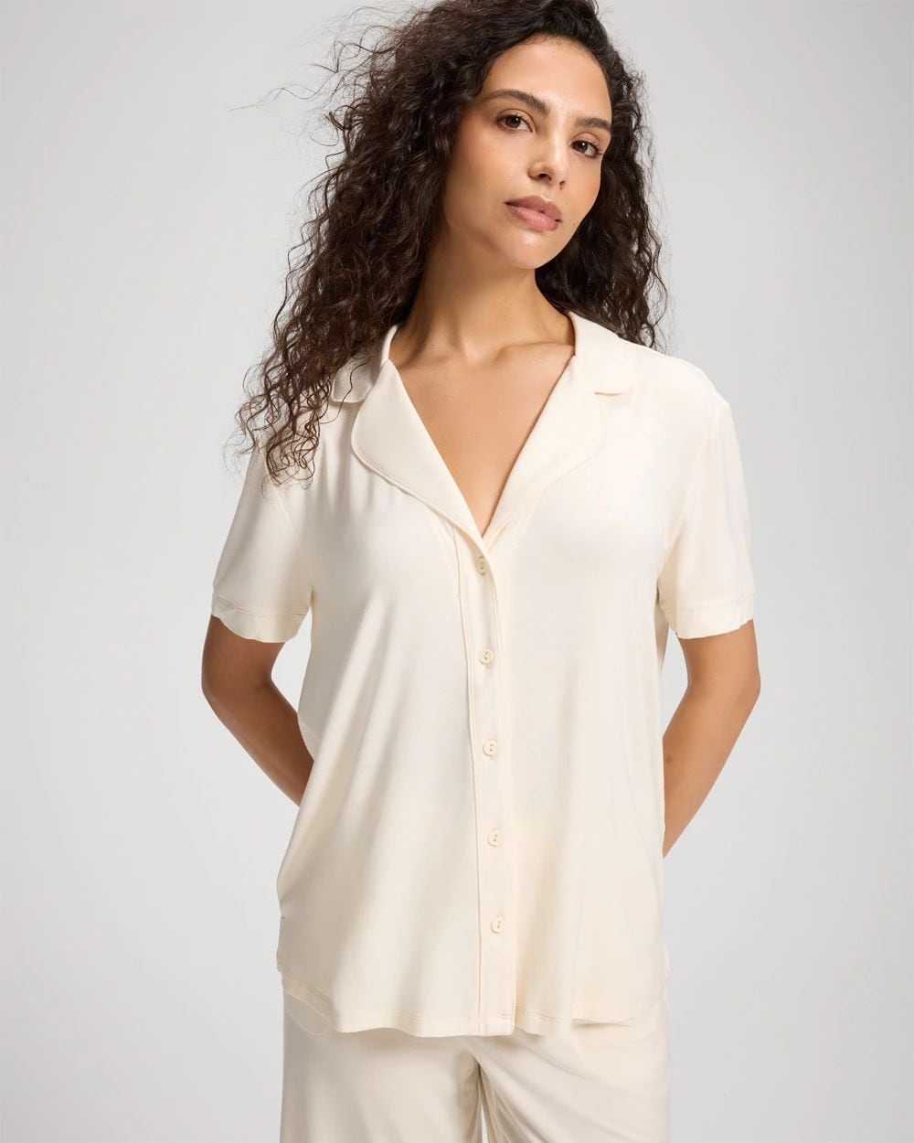 Cool Nights Piped Short Sleeve Notch Collar Pajama Top