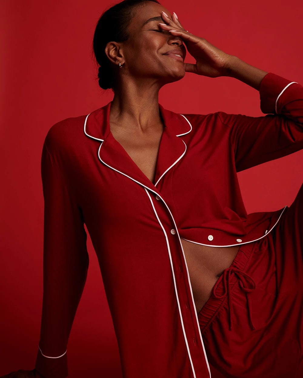 Long Sleeve Notch Collar w/ Piped Placket Pajama Top