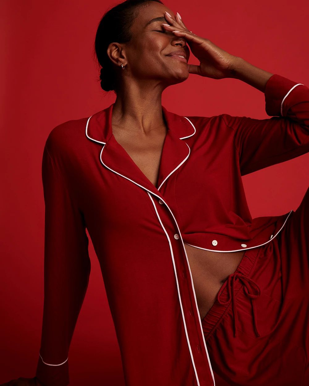 Cool Nights Long Sleeve Notch Collar w/ Piped Placket Pajama Top