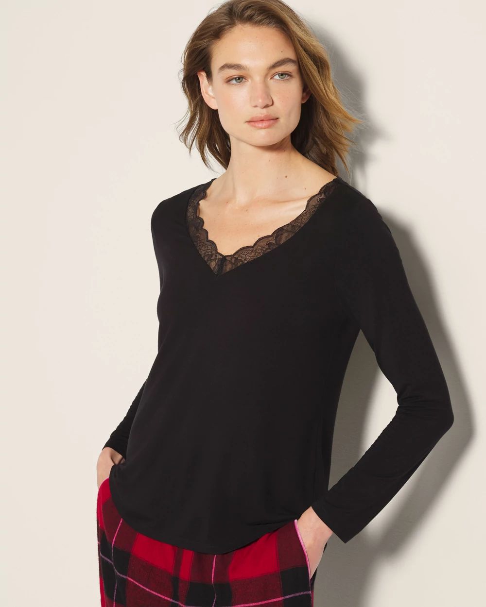 Lace Trim Long-Sleeve Pajama Top