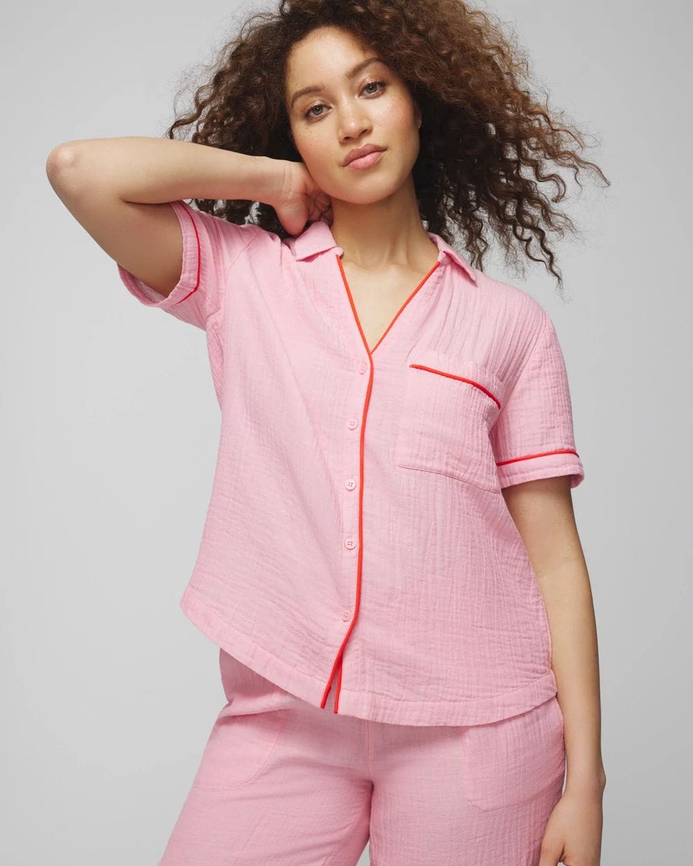 Cotton Gauze Short-Sleeve Notch Collar Pajama Top