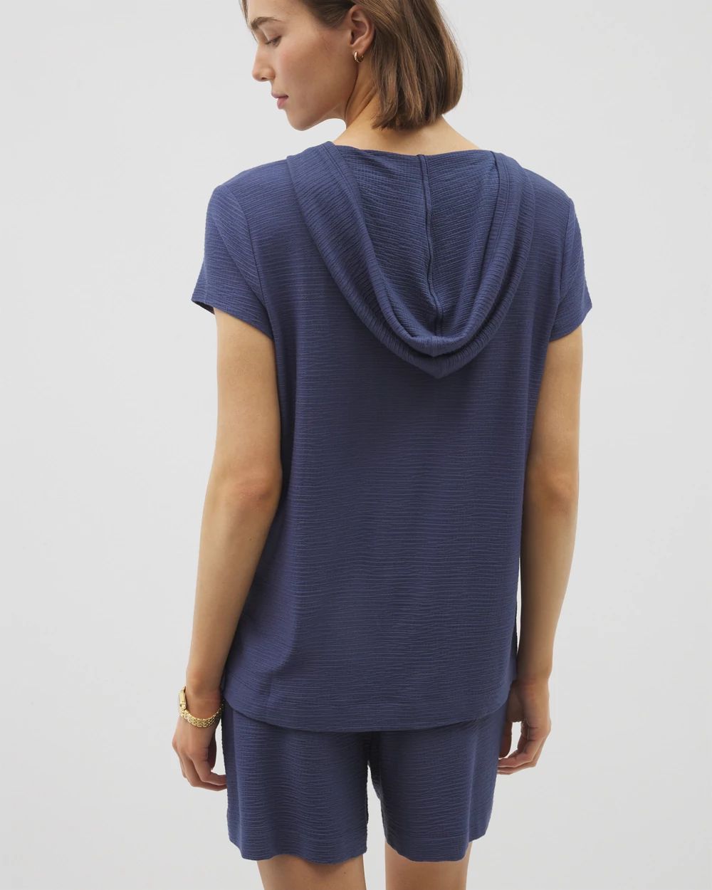 Crinkle Knit Short Sleeve V-Neck Hoodie