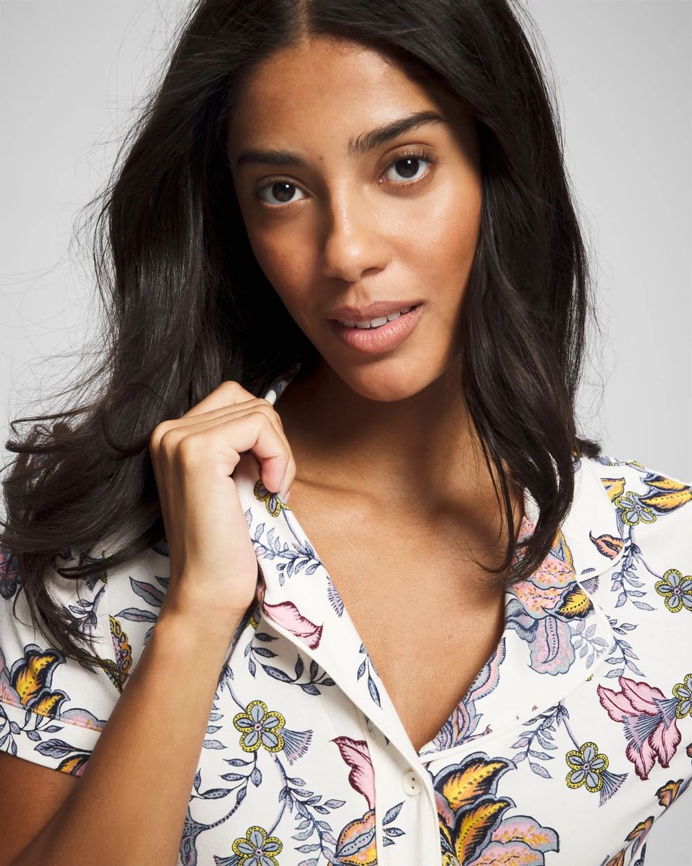 Piped Short Sleeve Notch Collar Pajama Top click to view larger image.