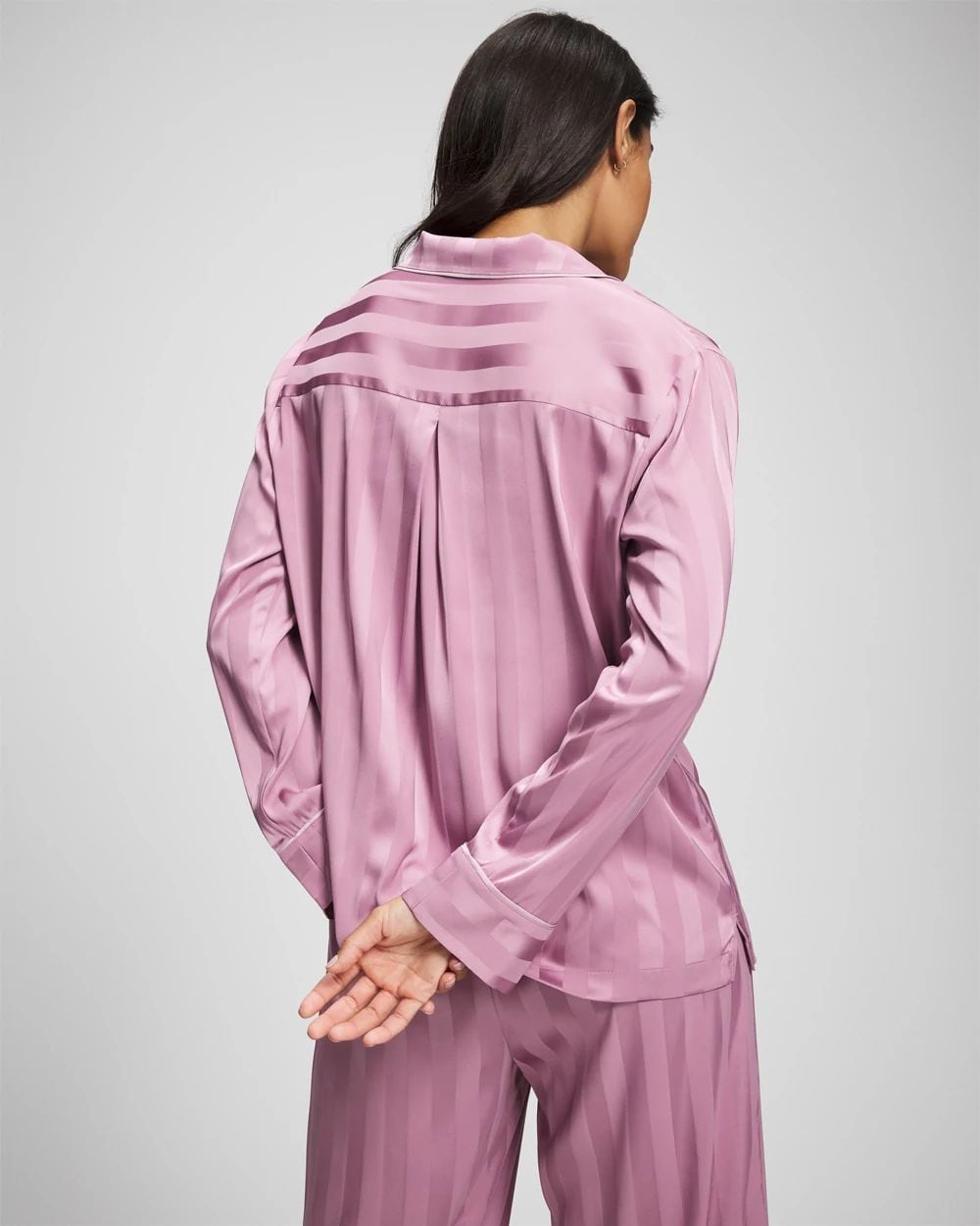 Satin Shadow Stripe Long Sleeve Pajama Notch Collar Top