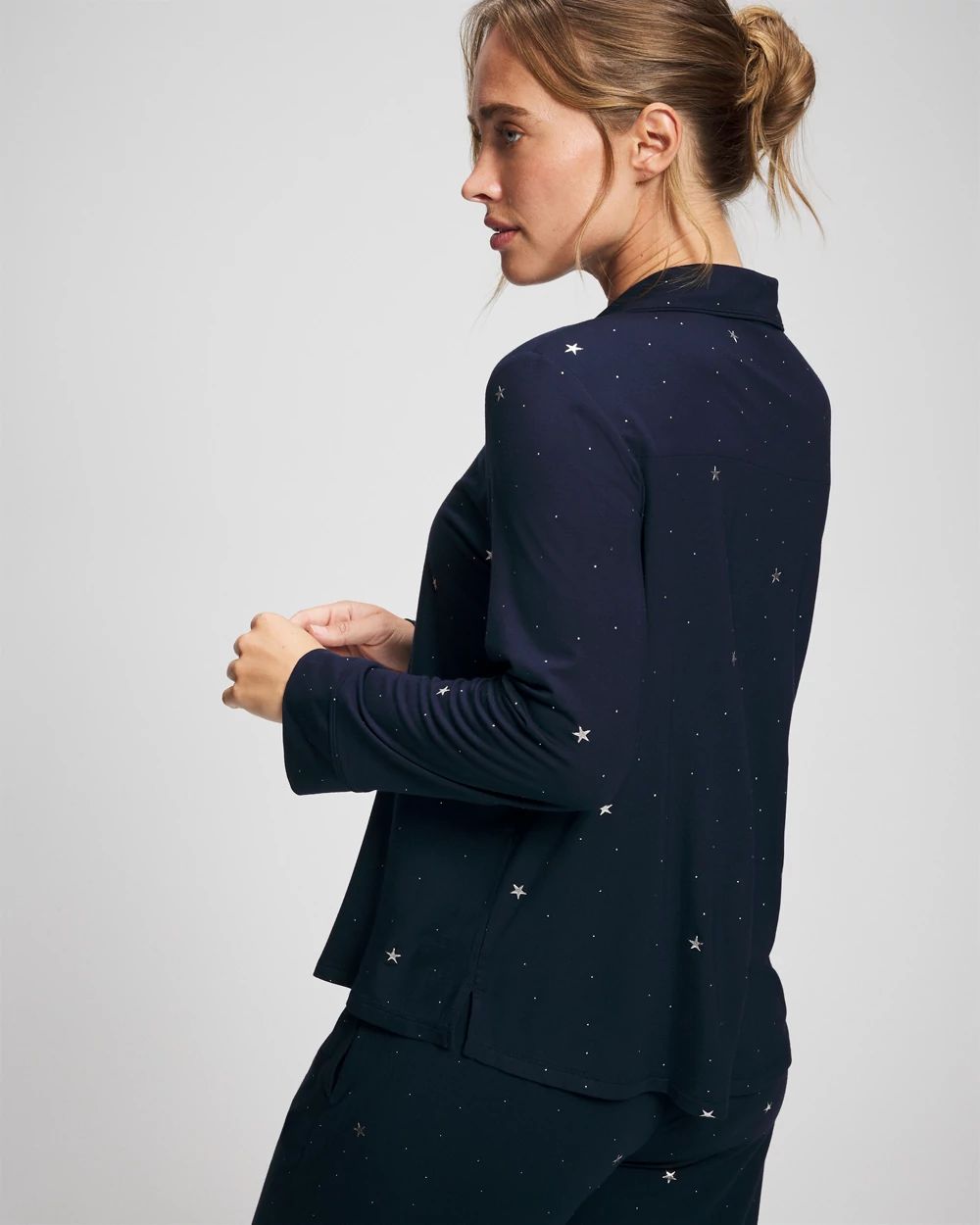 Cool Nights Long Sleeve Notch Collar with Piped Placket Pajama Top click to view larger image.