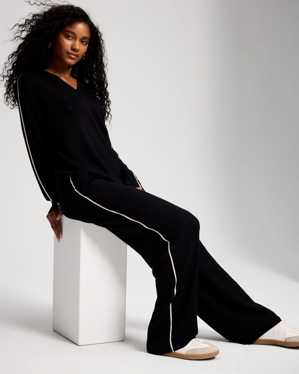 Sweater Knit Contrast Stitch Straight Leg Pants click to view larger image.