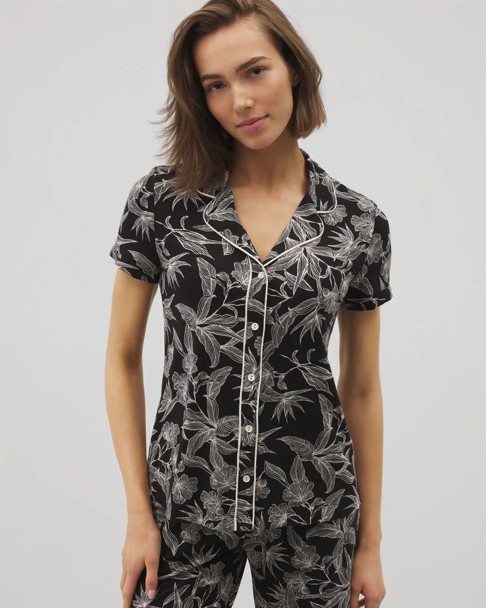 Piped Short Sleeve Notch Collar Pajama Top
