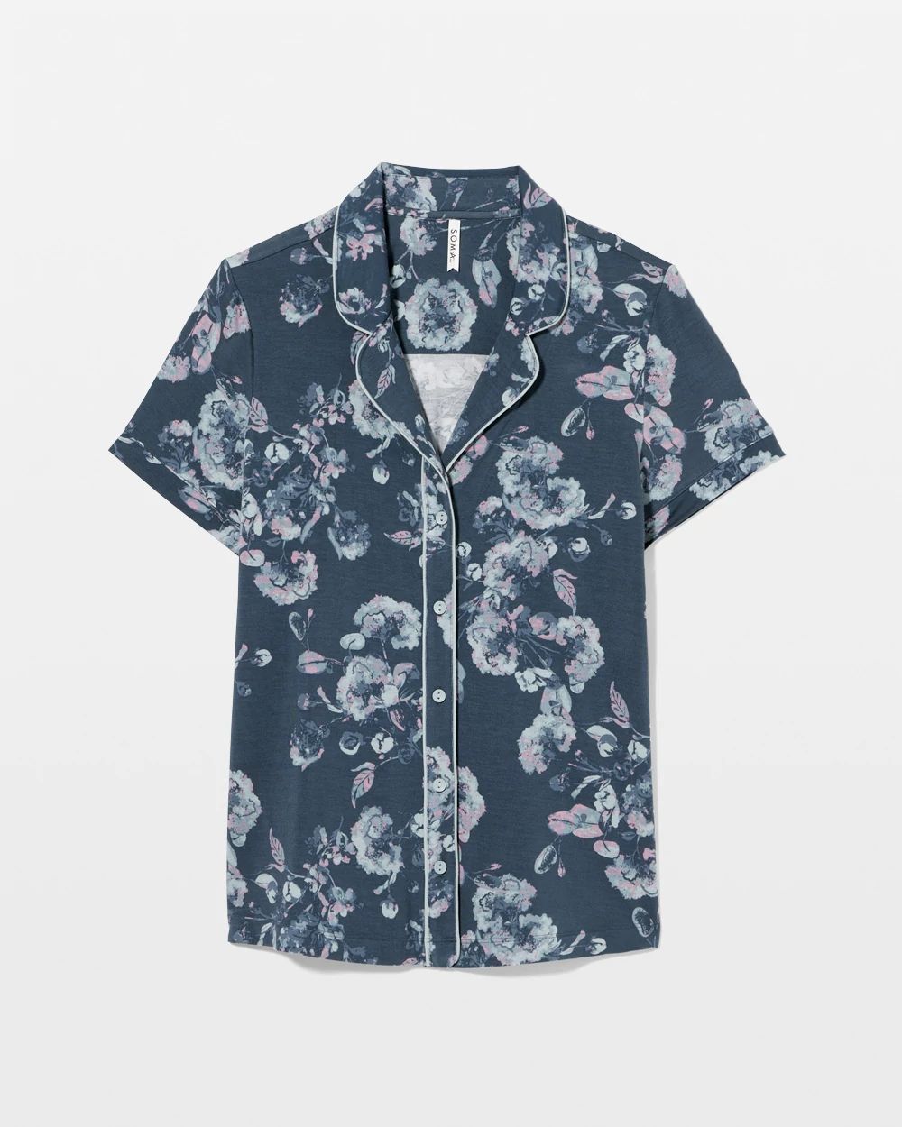 Cool Nights Piped Short Sleeve Notch Collar Pajama Top