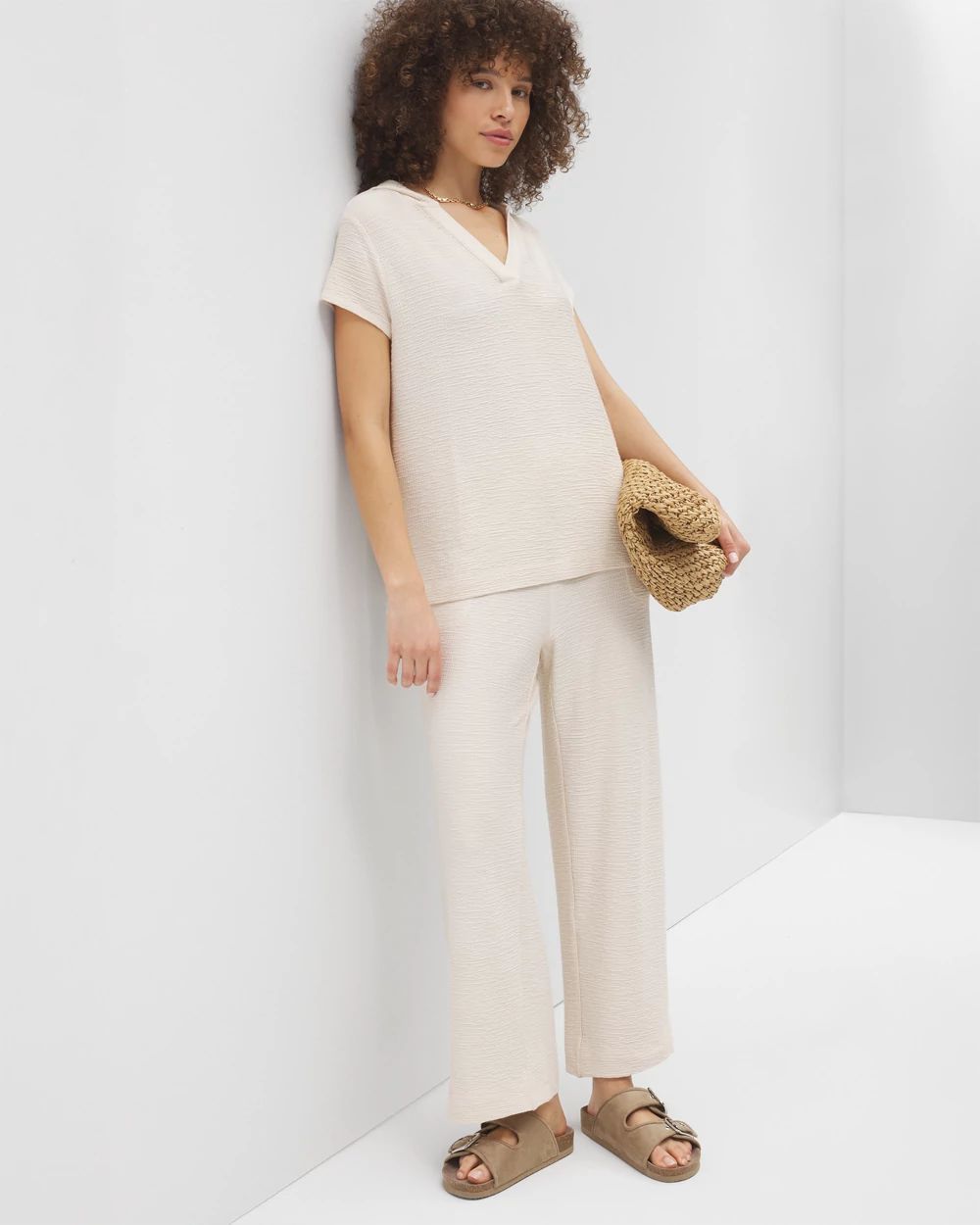 Crinkle Knit Short Sleeve V-Neck Hoodie
