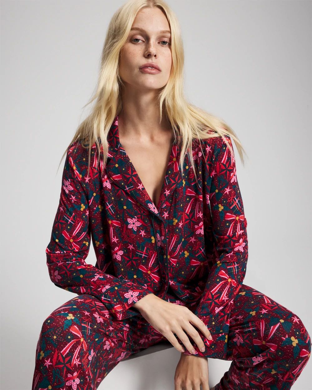 Cool Nights Long Sleeve Notch Collar with Piped Placket Pajama Top click to view larger image.