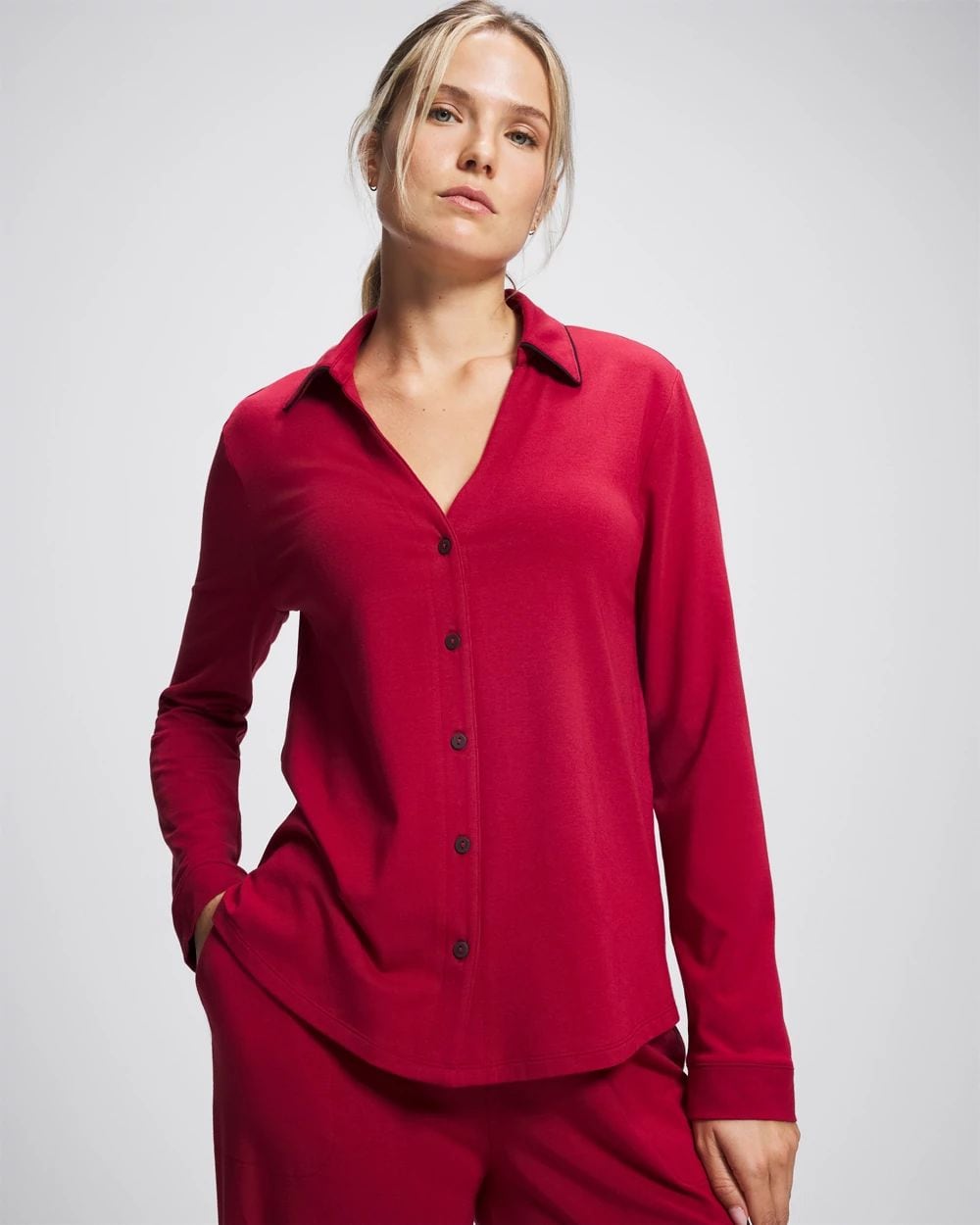 Long-Sleeve Notch Collar Pajama Top