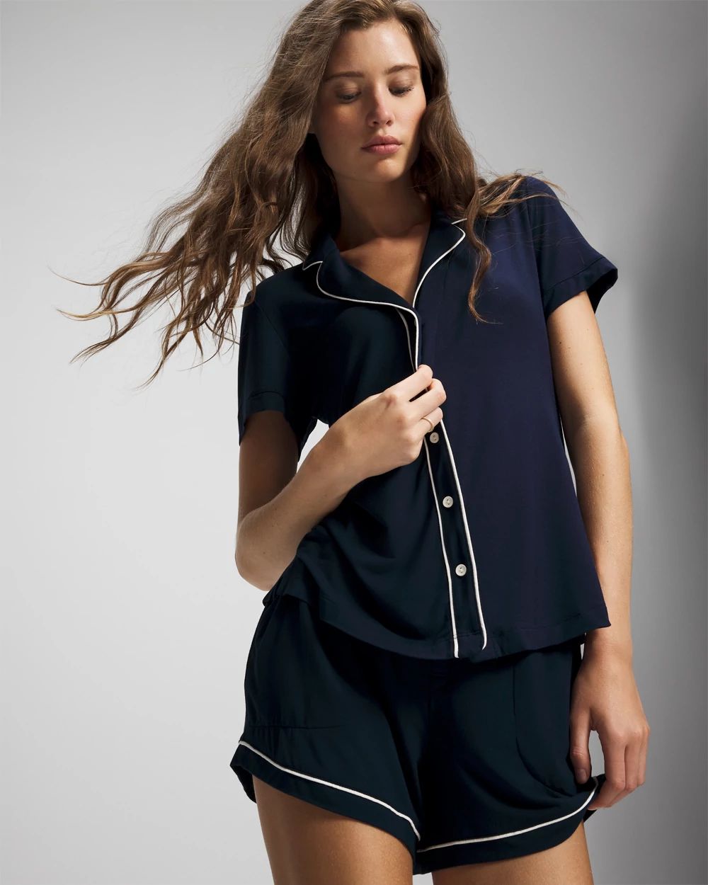 Cool Nights Solid Short Sleeve Notch Collar Pajama Top