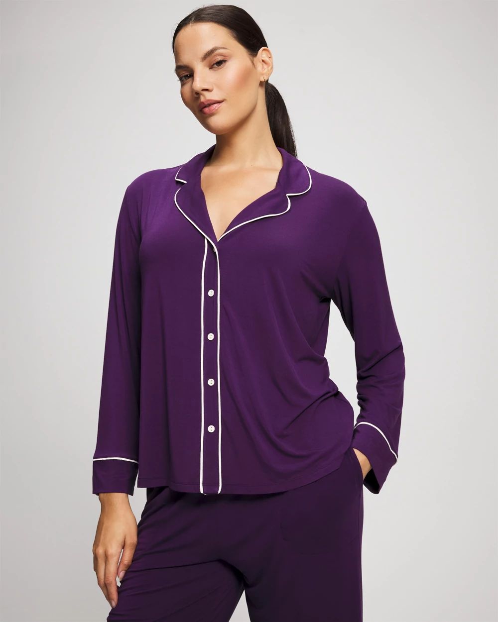 Cool Nights Long Sleeve Notch Collar w/ Piped Placket Pajama Top