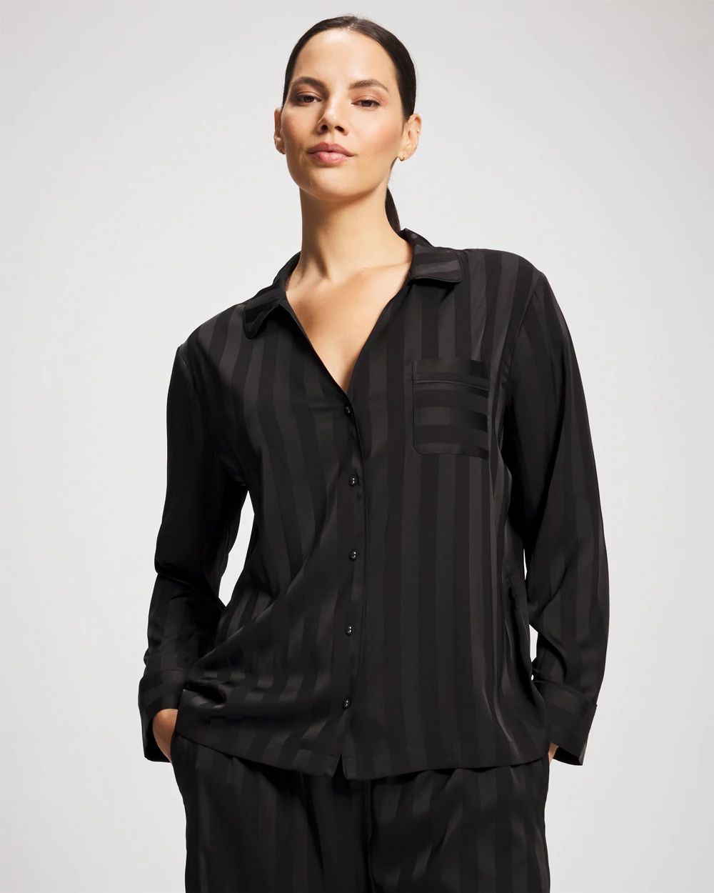Satin Shadow Stripe Long Sleeve Pajama Notch Collar Top