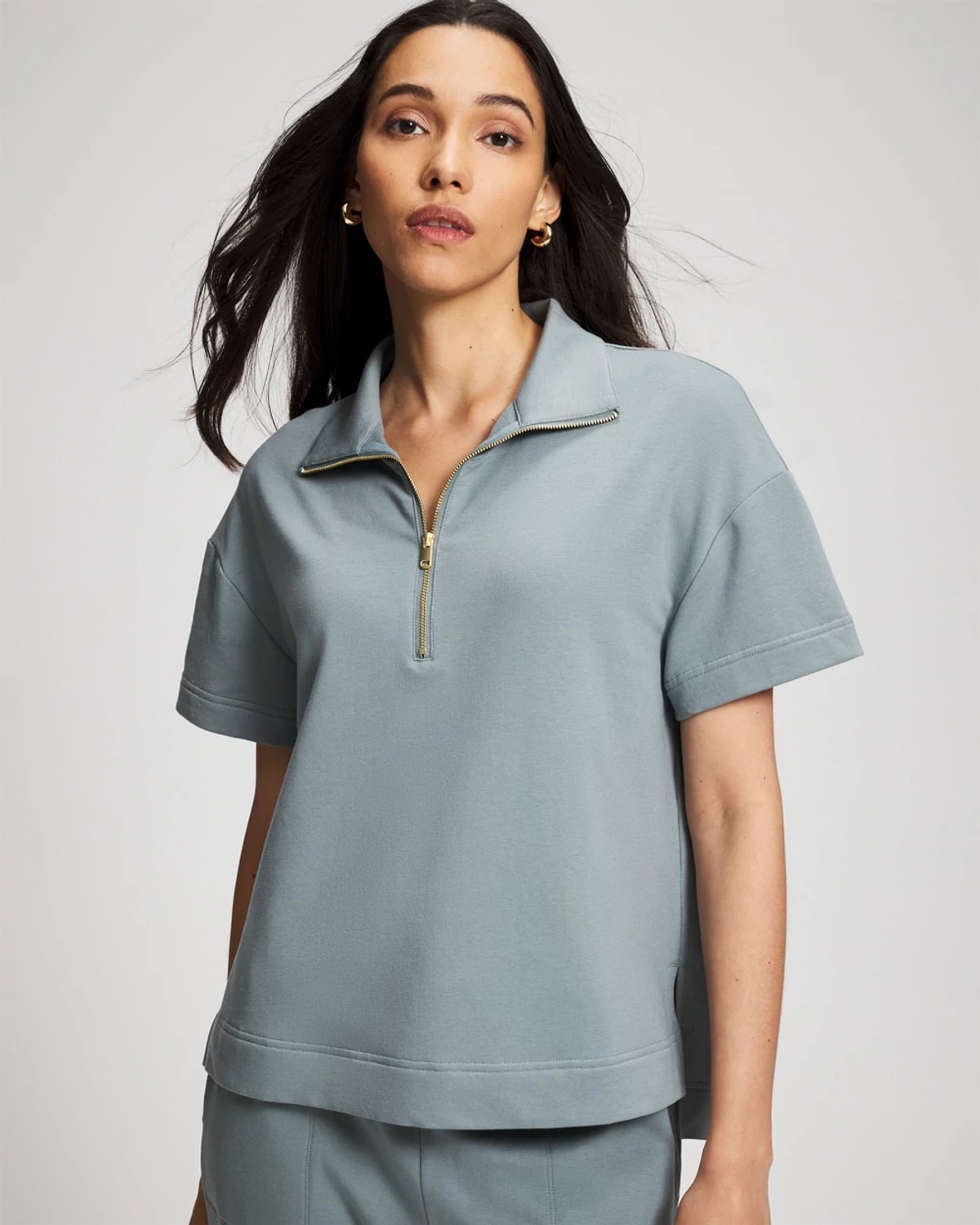 Soma Women's Essential Terry Quarter Zip Short Sleeve Sweatshirt In Blue Size Xs | In Harmony Blue