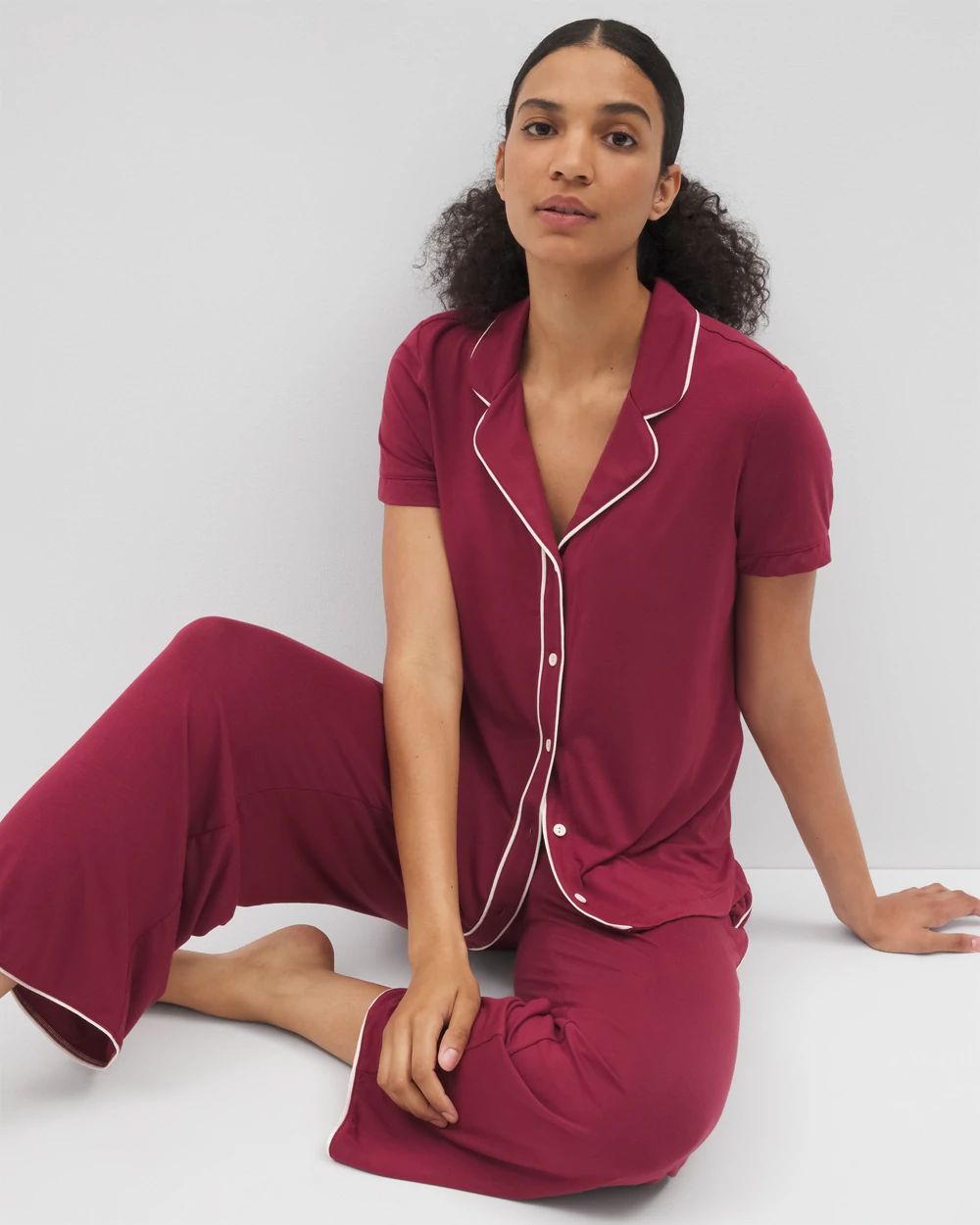Cool Nights Solid Short Sleeve Notch Collar Pajama Top
