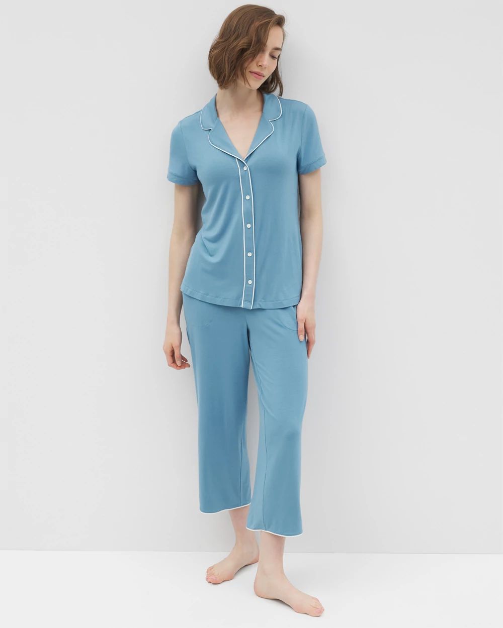 Cool Nights Solid Short Sleeve Notch Collar Pajama Top