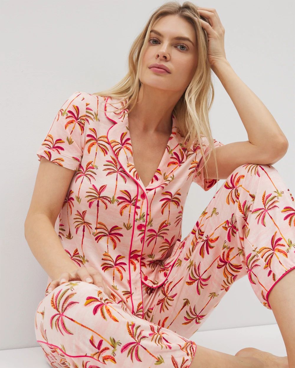 Cool Nights Piped Short Sleeve Notch Collar Pajama Top