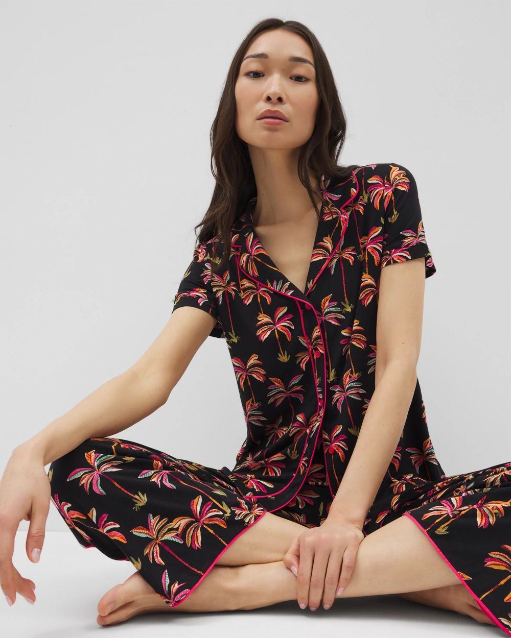 Cool Nights Piped Short Sleeve Notch Collar Pajama Top