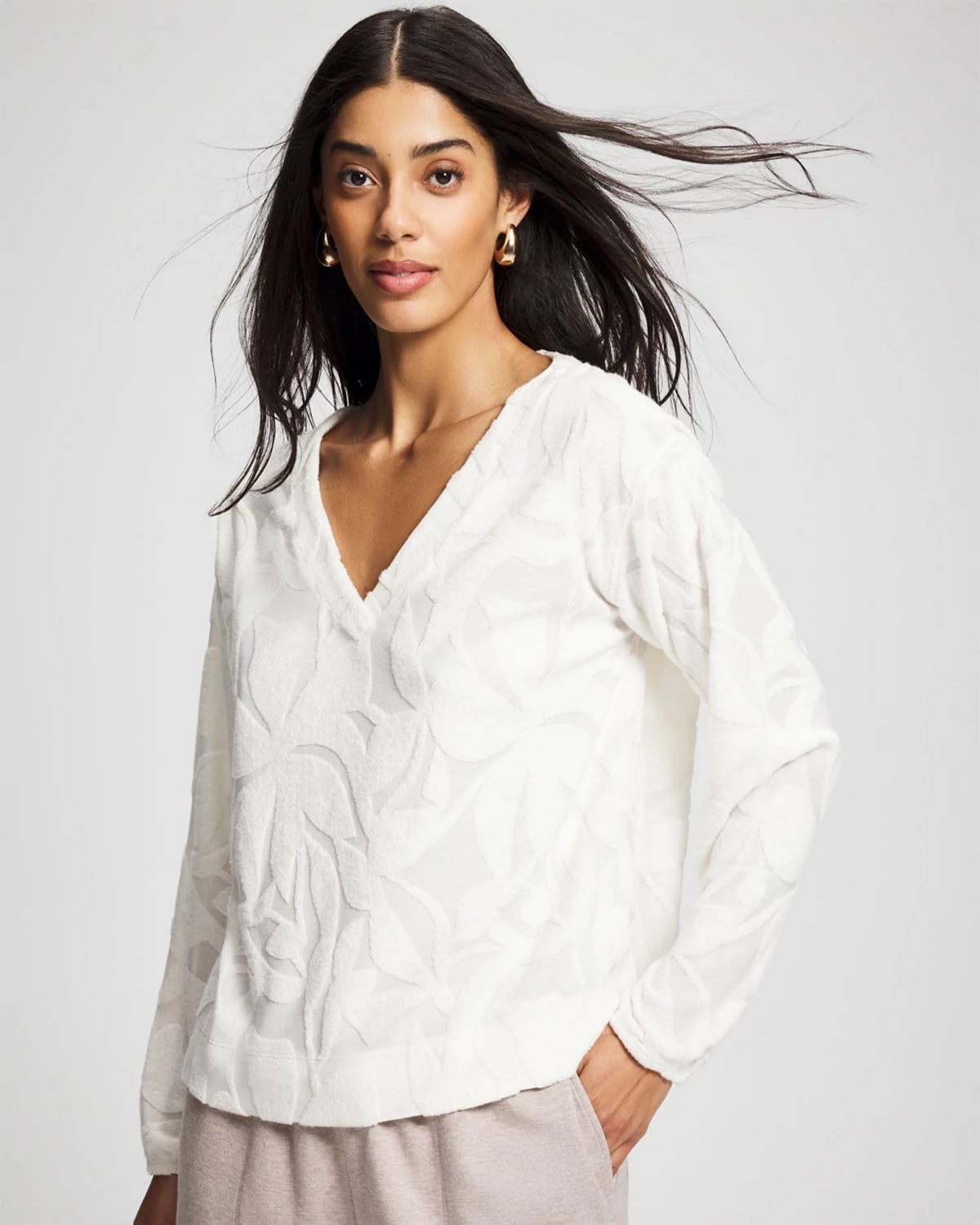 Soma Women's Jacquard Terry V-neck Sweatshirt In Ivory Size Small | In Shea