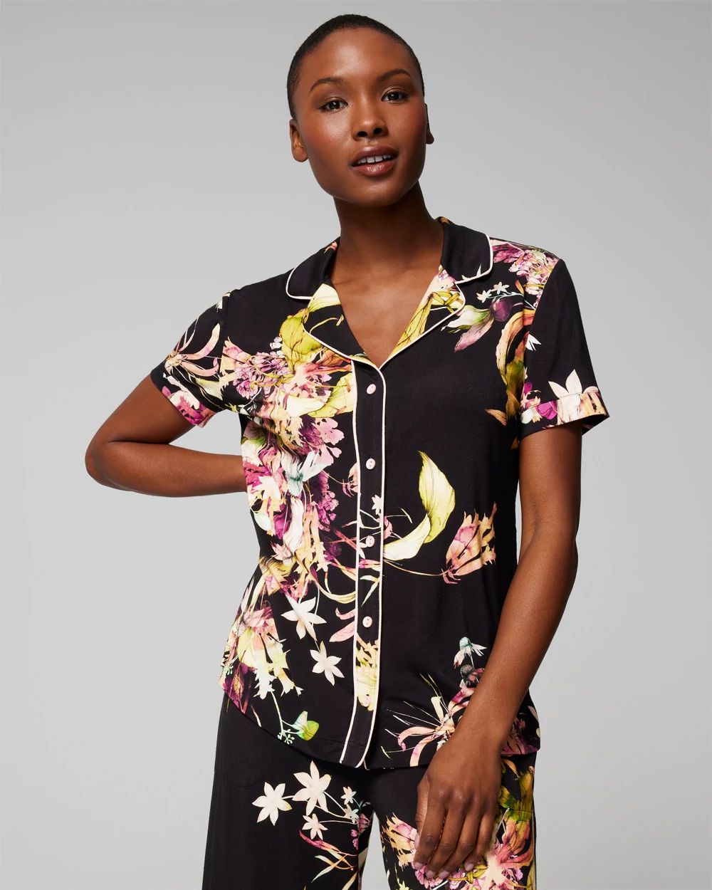 Piped Short Sleeve Notch Collar Pajama Top