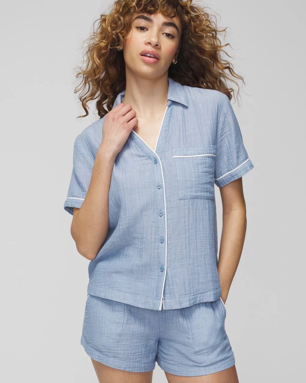 Cotton Gauze Short-Sleeve Notch Collar Pajama Top